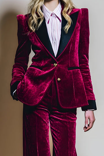 Burgundy 2 Piece Velvet Peak Lapel Single Breasted Prom Suits